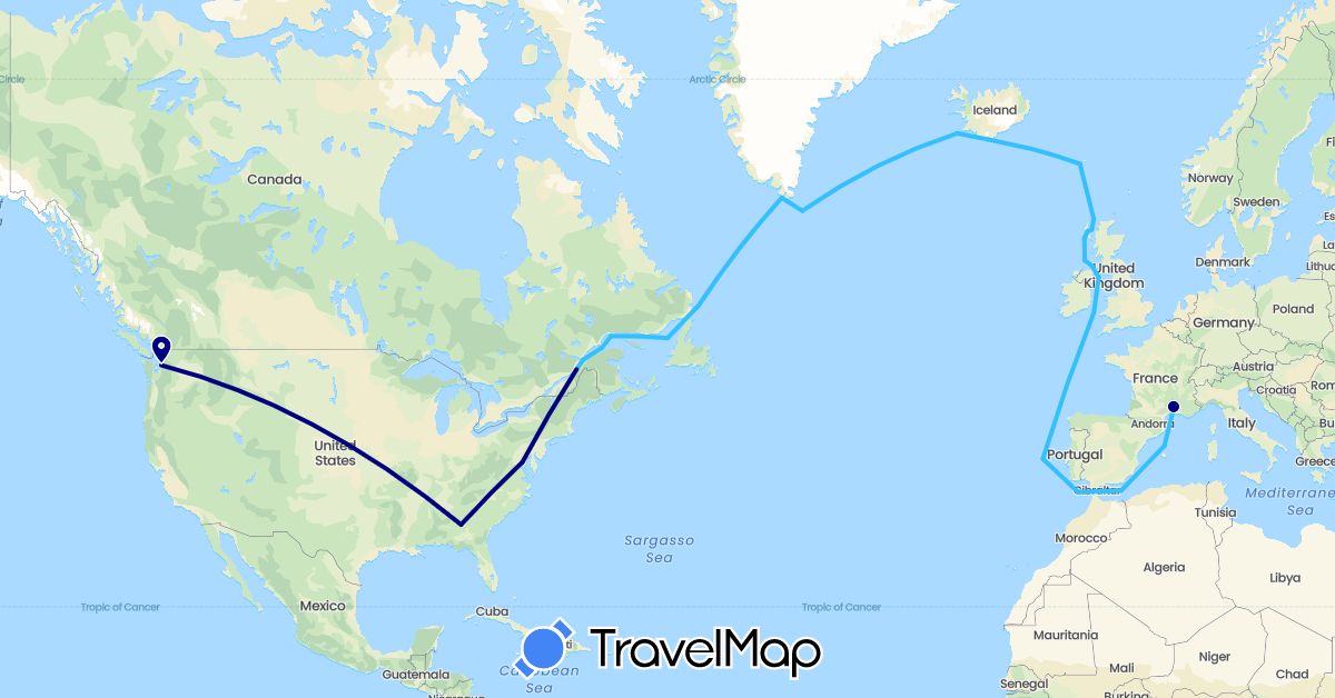 TravelMap itinerary: driving, boat in Canada, France, United Kingdom, Greenland, Iceland, United States (Europe, North America)